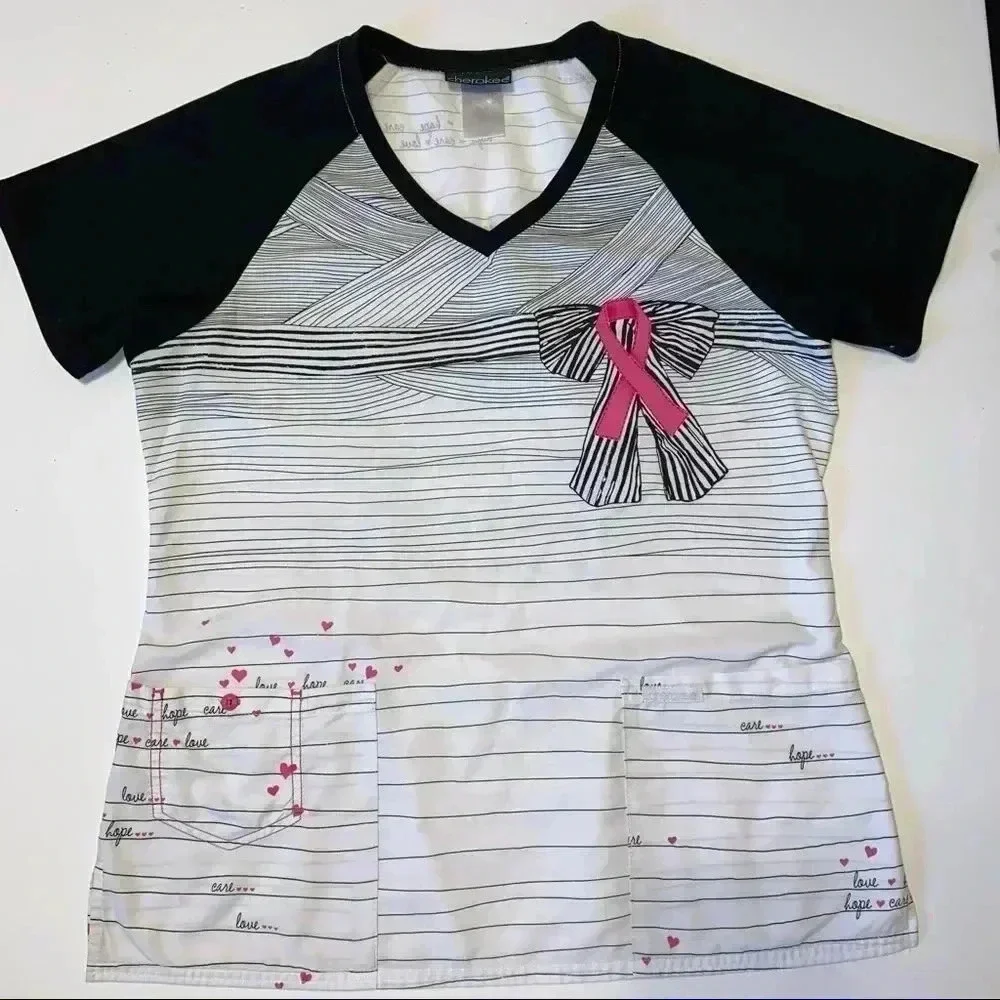 CHEROKEE Scrubs Top Size M Adorable Breast Cancer Awareness - Picture 5 of 8